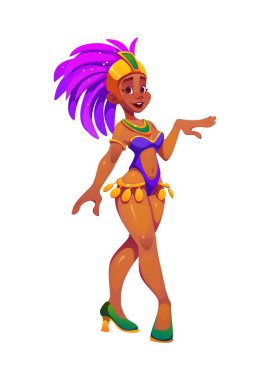 Brezilyalı karnaval dansçısı Samba kostümlü kadın karakter, karikatür vektörü. Brezilya karnavalı veya Karnaval do Brasil geleneksel festivali ve eğlence etkinliği kadın tüy elbise karakteri