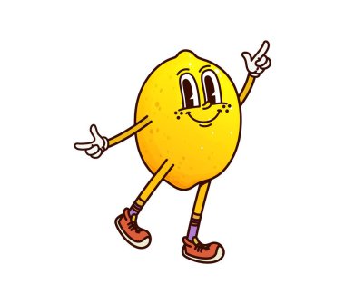 Komik yüzlü, neşeli gülüşlü, vektör komik kişilikli çizgi film süper limon meyvesi karakteri. Hipster ayakkabılı, neşeli yüzlü ve meyve emojisi için parmak hareketli eski moda limon karakteri.