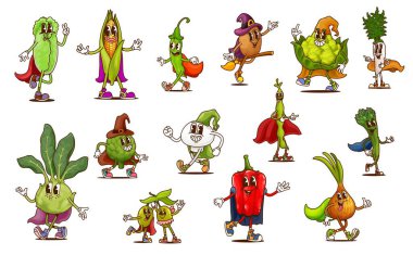 Çizgi filmlerdeki gibi harika cadılar bayramı büyücüleri sebze karakterleri ve cadı vejetaryen gıda taşıyıcıları. Sihirli pelerinli ve şapkalı saykodelik soğan, biber, fasulye ve mantar, zeytin ve mısır sebzeleri