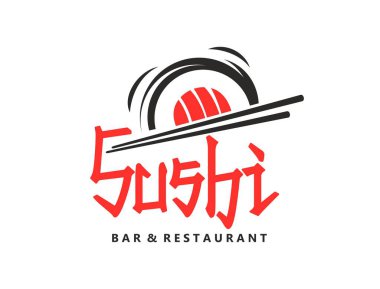 Japon mutfağı somon balığı restoranı ya da bar ikonu. Asya deniz ürünleri restoranı, Japon kafesi ya da doğu mutfağı soyut vektör ikonu ya da suşi rulosu, yemek çubuğu ve kırmızı kaligrafi ile sembol.