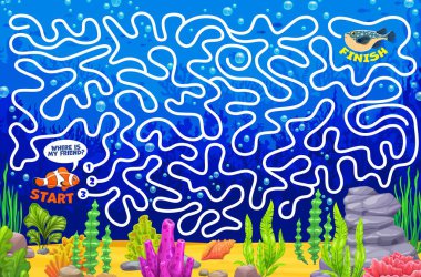 Labirent çalışma tablosu, deniz dibindeki arkadaşını bulmasına yardım et. Yol bulucu bilmecesi, oyun ya da labirent vektör sayfasının okyanus ya da deniz kirpisi ve palyaço balığı karakterleriyle bulunmasına yardım et.