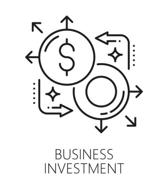 Yatırım sektörü simgesi veya simgesi. Ticari hizmet ana hatları vektör ikonu, finansal başlangıç lineart sembolü. Hisse senedi yatırım şirketi doğrusal işareti veya dolar para birimi işaretli pictogram
