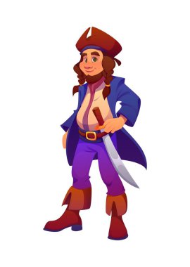 Çizgi film korsan gemisi karakteri kavisli bir kılıçla, klasik bir tricorn şapka, uzun bir palto ve çizme giyer. Çocuk oyunları veya macera hikayeleri için vektör kabadayısı kişiliği