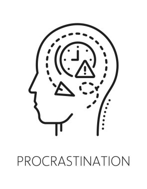 Erteleme akıl sağlığı, psikoloji çizgisi ikonu ya da sembol. Bilişsel bozukluk vektör piktogramı, psikoterapi doğrusal ikonu. Psikoloji ve ruh sağlığı sembolü. Kafasının içinde saat var.