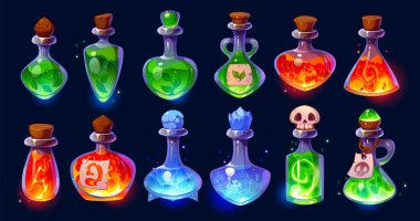 Cadı iksiri şişeleri, Cadılar Bayramı iksiri ya da zehirli şişeler. Çizgi film vektör cam şişeleri renkli, mistik, parlayan karışımlar ya da mayalar ile dolu. Bu da büyü, fantezi ve gizemi çağrıştırıyor.