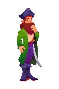 Korsan karikatür karakteri sakalı özenle okşuyor. Yüzünde sakallı, uzun kızıl sakallı, belinde kılıç olan yeşil ceketli, botlu ve tricorn şapkalı bir korsan.