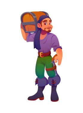 Çizgi film korsan gemisi karakteri silahlı, hazine sandığını omuzlarında taşıyor. Denizci, kaptan, kayıkçı, kaptan, korsan ya da parlamento üyesi ganimetini tahta sandıkta korumaya hazır.