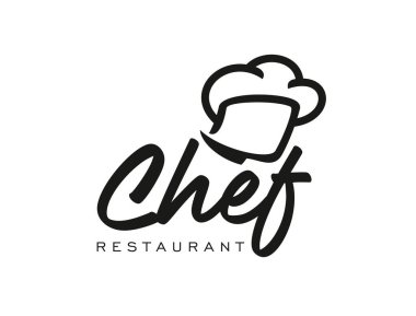 Aşçı ikonu. Vektör minimalist siyah-beyaz restoran yemekleri ve aşçılık etiketi zarif el yazısıyla yazılmış şef kelimesinin ve modern sans serif tipinde restoran kelimesinin üstündeki şapkayı içeriyor.