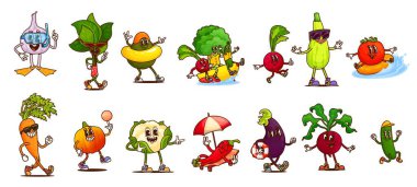 Yaz tatilindeki çizgi film karakterleri, vektör seyahati, plaj aktiviteleri. Eski moda domates, biber, ıspanak ve havuç, brokoli ve avokado meyveleri güneş gözlüğü ve plaj topları.