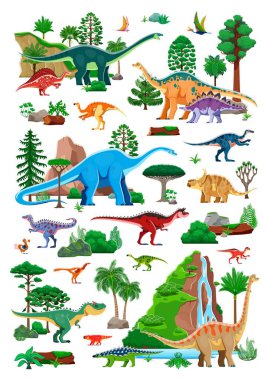 Tarih öncesi dönemler, dinozorlar, karakterler ve bitkiler. Dimorphodon, quetzalcoatlus, amigdalodon ve ouranosaurus, apatosaurus, probactrosaurus dinozorlar. Jurasik çam, palmiye ve eğreltiotu ağaçları