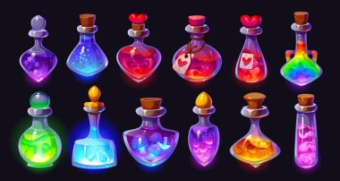 Sihirbaz sihirli iksir şişeleri, iksir ve zehir, vektör oyunu UI varlıkları. Çizgi film cadılar bayramı cam şişeleri, şişeler, sihirli iksir şişeleri ve cadı aşk iksiri sihirli mantarlar ve kalpler