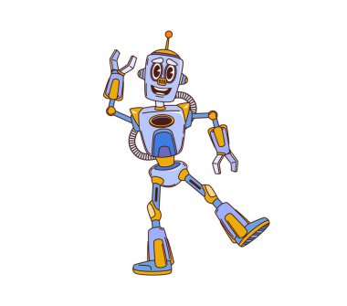Çizgi film süper robot robot robot karakter dansı. Mutlu komik yüzlü, antenli ve geniş gülüşlü gümüş retro ai cyborg. Komik mekanik şahsiyet, anlamlı gözler, ve y2k hippi funky titreşim