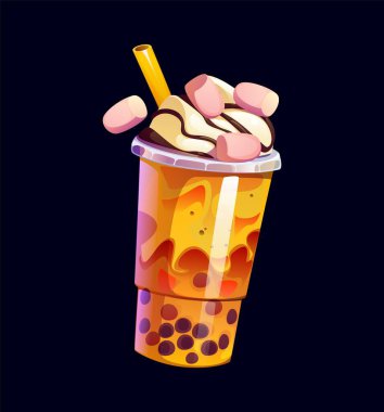 Şekerli sütlü çay bardağı, karamel ya da kakao kremalı, çizgi film vektör tatlı içeceği. Süt köpüklü çay pipet ya da boba incili milkshake ve tatlı olarak vanilya aromalı.