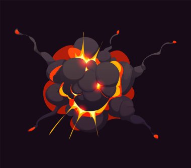 Çizgi roman bomba patlama etkisi. Çizgi film yangını ve duman bulutu. Vektör ateşinde patlayan dinamit, parlak turuncu ve sarı alevlerle birlikte koyu kalın dumanla çevrili komik patlama efekti