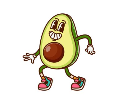 Çizgi film süper avokado yarı neşeli karakter. Sağlıklı beslenme ve diyet gıda ürünü, tropikal meyve izole vektör karakteri. Olgun ve taze avokado. Yarı neşeli maskot ya da mutlu kişilik.