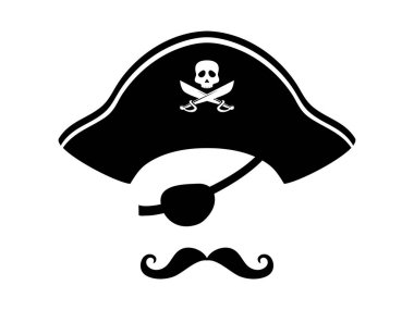 Korsan fotoğraf kabini maskesi ve korsan şapkası. Korsan kostüm şapkası, göz bandı, bıyık, kafatası ve kılıçlardan oluşan vektör silueti olan doğum günü partisi fotoğrafçıları. Cadılar Bayramı fotoğraf kabini maskesi