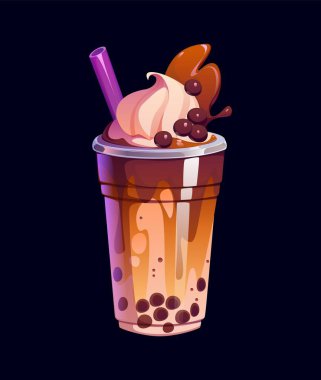 Kremalı sütlü çay, şekerli karamelli su sıçratma ve bardakta saman içme, çizgi film vektörü. Süt köpüklü çay bardağı veya tatlı milkshake içeceği ve karamelli şekerli boba incili içecek.