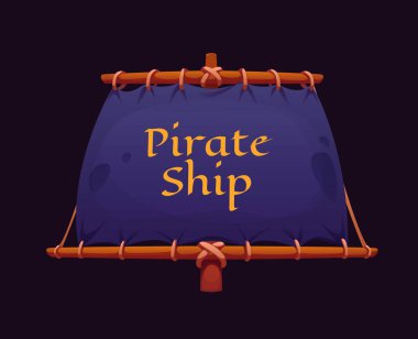 Yelkenli korsan gemi direği. Karikatür vektörü korsan teknesi, altın metin korsan gemisinin yer aldığı, tahta direkli ve koyu renk kumaşlı yelkenli. Deniz macerası oyunları ya da çocuk kitapları için Gui unsuru