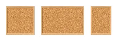 Mantar panolar, ahşap çerçeveli boş mantar panoların vektör seti. Notlar, notlar ya da dekorasyon için gerçekçi desenli ofis panoları. Bilgi gösterimi, ev düzeni, anımsatıcılar ve planlama