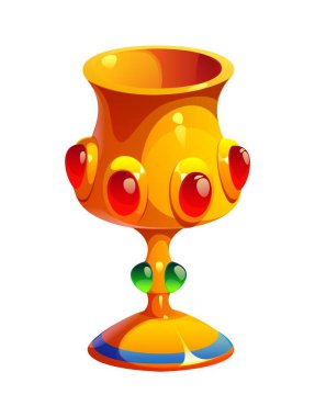 Kırmızı ve yeşil değerli taşlarla süslenmiş çizgi film altın kadehi, Mısır oyun ikonu varlığı, antik Mısır sembolleri ve hazinesi. Fantezi, kraliyet veya büyülü temalı oyunlar, arayışlar ve hikaye anlatımı kupası