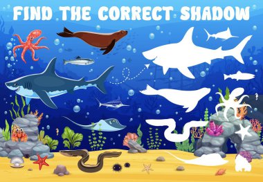 Çocuk oyunu, deniz hayvanının doğru gölgesini bul. Çocuklar için vektör eşleştirme etkinliği, deniz canlıları ile eğitici sualtı bulmacası köpekbalığı, fok, ahtapot, yılan balığı, yengeç, balık ve siluetleri.