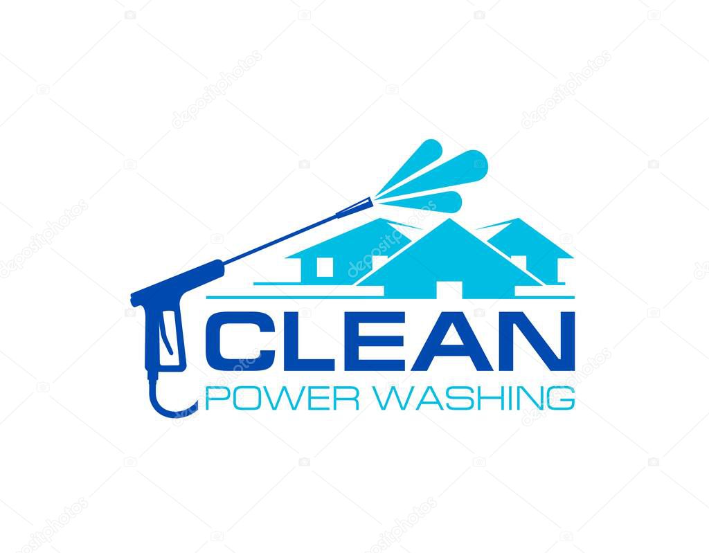 House exterior power washing and cleaning icon. House building exterior water washing service vector icon or symbol. Building concrete cleaning company sign with power washer and house silhouette