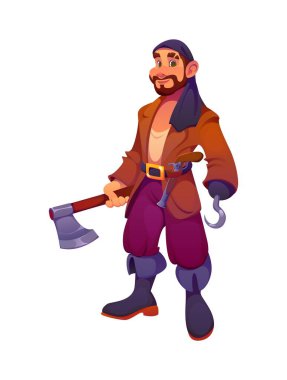 Çizgi film korsan gemisi karakteri kanca elli bir balta tutuyor, başörtüsü, bot, kemer ve engebeli kıyafetler giyiyor. Vektör kabadayı gemi mürettebatı denizcilik macerasına hazır.