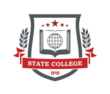 Devlet üniversitesi, işletme okulu simgesi ya da amblemi. İşletme fakültesi mührü veya vektör rozeti, uluslararası akademi amblemi. Defne çelengi, kalkanı, açık kitabı, kurdelesi ve küresi olan üniversite damgası veya simgesi