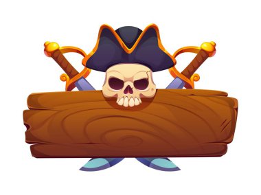 Karayip karikatürü korsan korsan oyun ikonu ve kraliyet bayrağı. Tahta kalaslı, kafatası tricorn şapkalı ve çapraz kılıçlı çizgi film vektör levhası. Denizcilik macera hazine oyunu çerçevesi