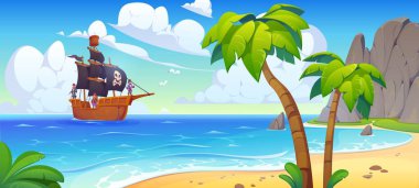 Tropikal ada koyunda bir korsan gemisi. Korsan teknesiyle karikatür vektörü eğlencesi ve maceralı denizcilik sahnesi, korsanlar kenetlenmeye hazırlanırken palmiye ağaçları ve altın kumlarla tropik bir sahile yaklaşıyor.