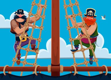 Yelkenli gemideki karikatür korsan karakterleri. Korsan korsan tayfası denizci vektör kişilikli korsan kafatası çapraz kemikli siyah şapka ve bandana, silah ve tabanca eski ahşap yelkenli direğinde duruyor.