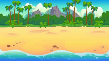 Altın kum, palmiye ağaçları, mavi okyanus ve güneşli bulutlu gökyüzünün altındaki uzak dağların yer aldığı karikatür adası sahili. Vector yaz tatili egzotik kıyı cenneti