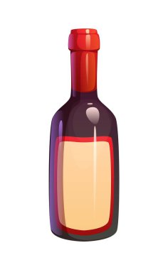 Çizgi film şarap şişesi Şükran Günü bayramın ve hasat sembolün kutlu olsun. Kırmızı başlıklı ve etiketli izole vektör cam şişe, kutlamayı ve ziyafeti, toplantıları, şenlikli yemekleri ve tostları simgeliyor.