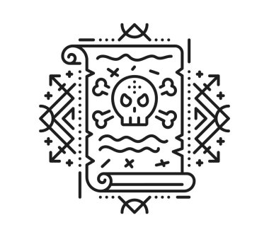 Korsan antik parşömen ezoterik çizgi sembolü. Filibuster yelkenli tarot ince çizgi vektör baskısı, korsan denizcilik sihirli çizgi işareti. Define haritasında kafatası olan korsan esrarengiz sembolü.