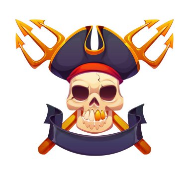 Çizgi film korsan kafatası, altın dişli bir sırıtış, üç mısır şapkası, kırmızı bandana arkasında altın mızraklar ve boş kurdele pankartıyla. Karayip karikatür vektörü Corsairs oyun simgesi ve heraldry amblemi