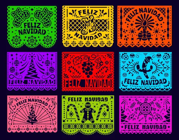 Feliz Navidad Yeni Yıl Meksika gazetesi Picado Garland Flaması bayraklarını kesti. Feliz Navidad Meksika parlak renkli bayrak kağıdıyla kesilmiş Noel ağaçları, kar taneleri, mumlar ve pinata deseni