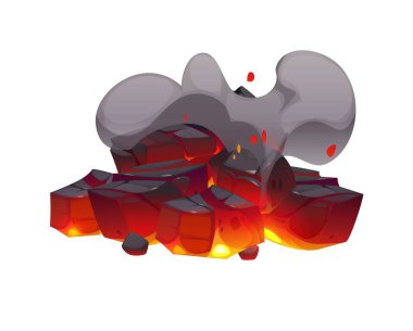 Karikatür şömine kömürü, yanan ateş kömür parçaları ve kül. İzole vektör soğutma yığını volkanik lav kayaları çekirdeğinde parlayan közler, kıvrılan duman, solan ısı