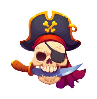 Karayip korsanları oyunu, korsair kaptan tricorne şapkalı karikatür kafatası, vektör heraldry. Karayip korsanları macera oyunu. Bandana 'da iskelet iskeleti, çapraz kemikler, göz bandı ve çenede hançer.