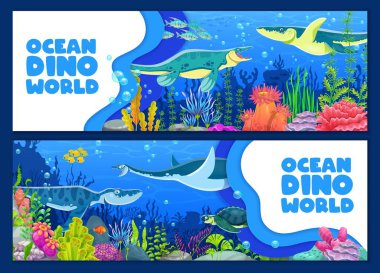 Kağıt, tarih öncesi deniz dinozorları, sualtı sürüngenleri ve vektör karakterleriyle pankart kesiyor. Çocuk ansiklopedisi ya da paleontoloji pankartları tarih öncesi su dinozorları ya da su altı sürüngenleri
