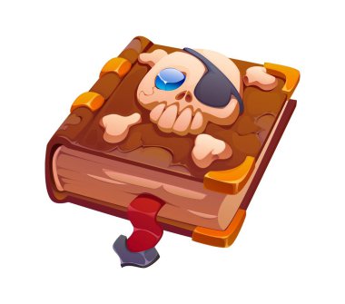 Karikatür 3D korsan oyun ikonu Karayip korsanı için seyir defteri aksesuarı, vektör varlık. Kaptan, Jolly Roger 'ın kafatası ve çapraz kemikli yelken kitabı. Korsan macerası ya da Corsair oyun varlığı için.