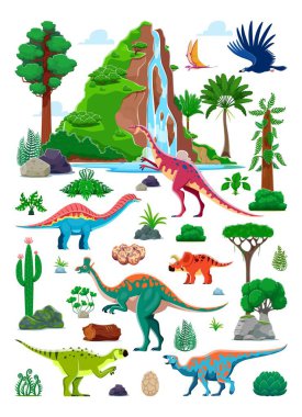 Dinozor türleri, volkanik dağlar, tropikal ağaçlar ve Jurasik ekosistemi tasvir eden uçan sürüngenlerle dolu tarih öncesi dinozor karakterleri. Çizgi film vektörü paleontoloji flora ve fauna