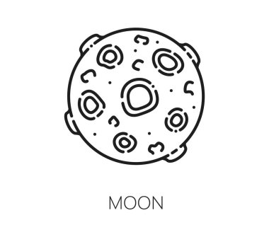 Astronomi ve kozmos için Ay Gezegeni 'nin çizgi galaksisi veya uzay ikonu, vektör sembolü. Ay gezegen çizgisi simgesi, kraterler, güneş sistemi veya gökada astronomik nesneleri ile Ay 'ın keşfi için dış uzayda