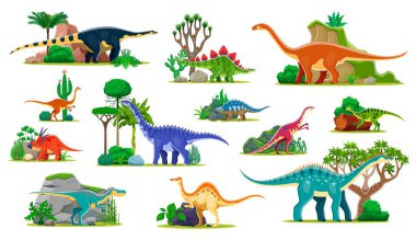 Karikatür dinozorları ve orman ağaçlarındaki tarih öncesi Jurasik kertenkeleler, vektör dino karakterler. Tarih öncesi dönem komik dinozorlar deinocheirus, pelecanimimus ve styracosaurus çocukları için koleksiyon