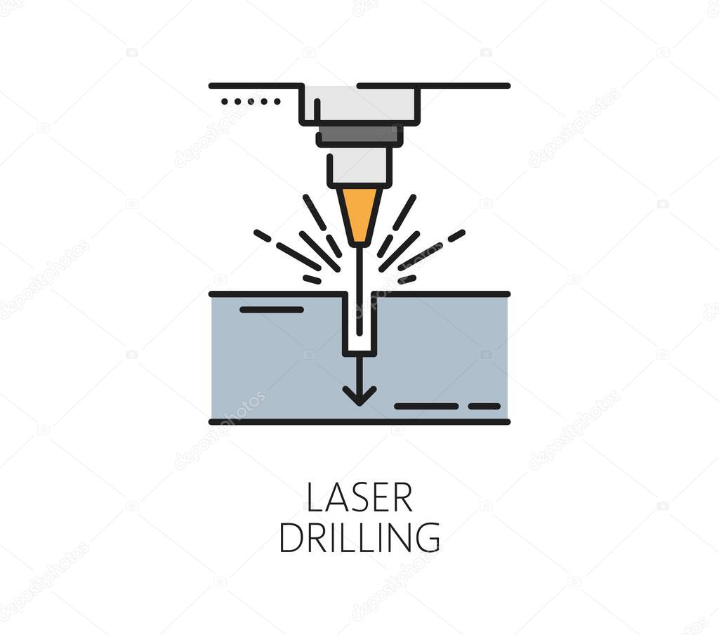 Laser cutting line icon of laser drilling machine with CNC technology, vector symbol. Laser cutting line icon of drilling material with laser beam, metalwork processing tool and equipment pictogram