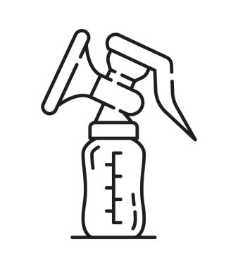 Bebek emziren süt pompası ikonu ya da piktogram. Annelik çizgisi vektör işareti, kadın emzirme taslak simgesi. Emzirme anne sütü pompası ve şişe ince çizgi sembolü veya piktogram