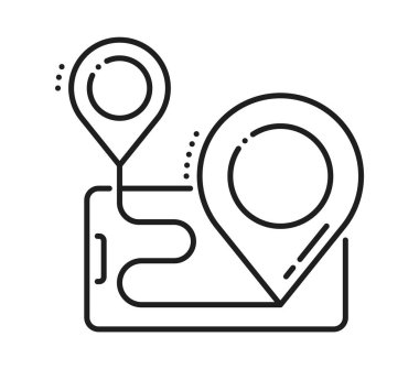 Yön, konum noktası simgesi ya da işaret. Yönlendirme işareti ince çizgi vektör simgesi, konum pim çizgisi işareti. Seyahat çizelgesi resimli veya akıllı telefonlu hedef nokta sembolü