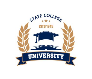 Üniversite, üniversite ligi ikonu ya da amblemi. İş akademisi damgası veya vektör sembolü, akademik eğitim rozeti. Defne çelengi, derecelendirme kapağı, kurdele ve tipografi ile üniversite mührü veya amblemi