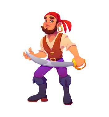 Karikatür ortaçağ deniz korsanı ya da korsan denizci karakteri. Kurnaz sırıtışlı, kırmızı bandana takan, parlak kılıcı sallayan, açık deniz maceralarına ve cesur maceralara hazır, izole vektör şahsiyeti.