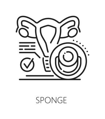 Sünger doğum kontrol yöntemi çizgisi simgesi ya da işareti. Doğum kontrol yöntemi ince çizgi vektör işareti, hamilelik önleme piktogramı. Rahim organı ve doğum kontrol süngeri ile doğum kontrol tekniği sembolü