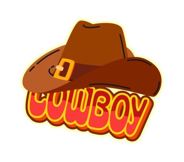 Kovboy şapkası Western ve Vahşi Batı Y2K sticker 'ı. Amerikan country kültürü retro vektör etiketi, Vahşi Batı tarihi yaması. Teksas çiftliği ve rodeo etiketi kovboy şapkası ve tipografi metniyle
